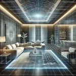 DALL·E 2024-08-13 18.46.58 - A modern, luxurious 3D living room with visible scanning effects like light beams or grid lines mapping the contours of the space. The living room fea